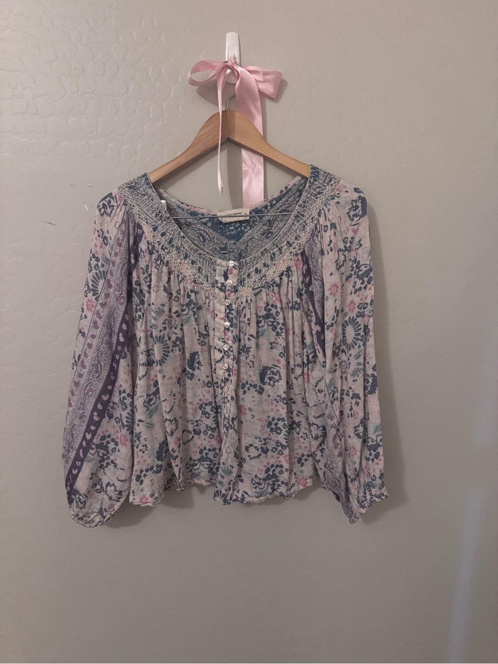 Lucky Brand Pink & Blue Floral Boho Smocked Blouse